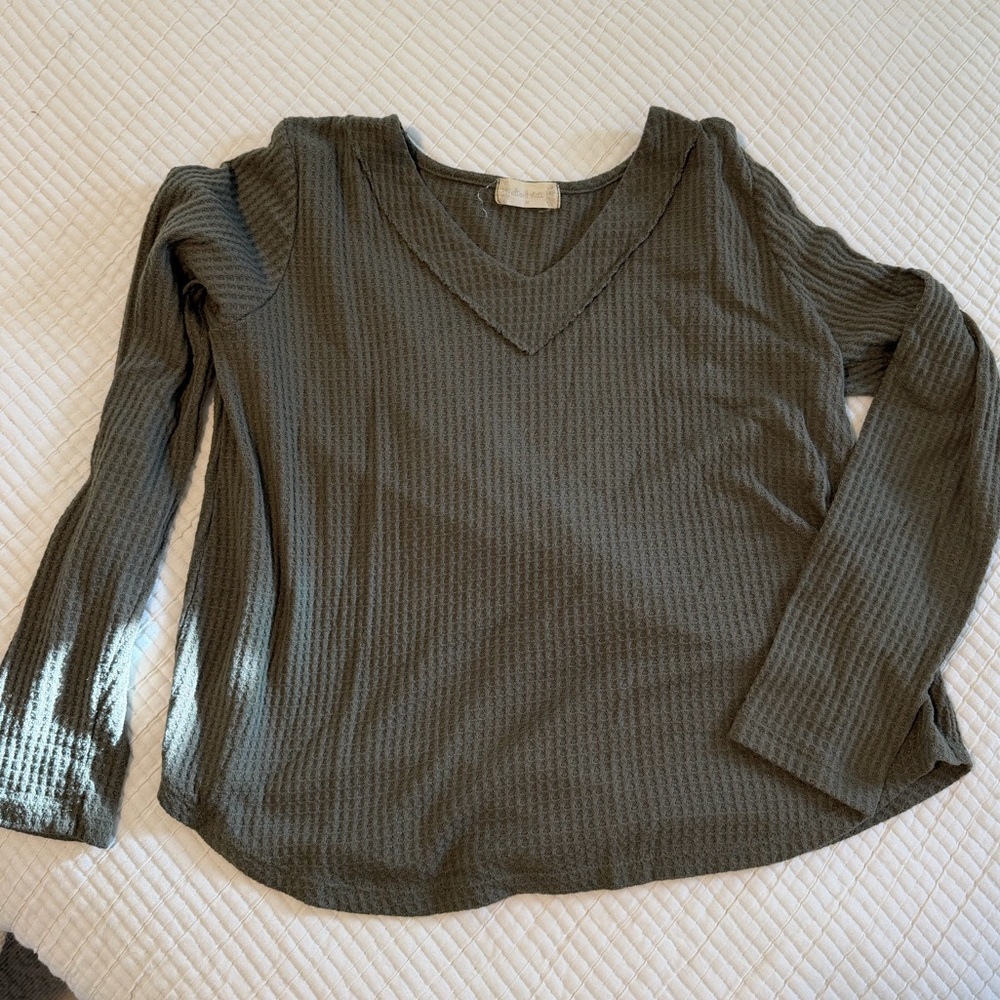 Altar’d State Olive Green Waffle Knit V-Neck Long Sleeve Top
